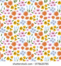 Floral pattern. Pretty flowers on white background. Printing with small colorful flowers. Ditsy print. Seamless vector texture.