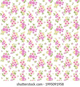 Floral pattern. Pretty flowers on white background. Printing with small pink flowers. Ditsies print. Seamless vector texture. Spring bouquet. Stock vector.