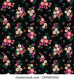 Floral pattern. Pretty flowers on black background. Printing with small white and bright pink flowers. Ditsy print. Seamless vector texture. Spring bouquet. Stock vector.