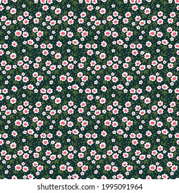 Floral pattern. Pretty flowers on dark green background. Printing with small white flowers. Ditsy print. Seamless vector texture. Spring bouquet. Stock vector.