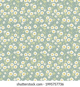 Floral pattern. Pretty flowers on blue gray background. Printing with small white daisy flowers. Ditsies print. Seamless vector texture. Spring bouquet.