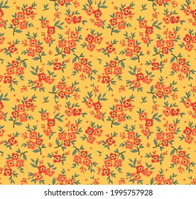 Floral pattern. Pretty flowers on yellow background. Printing with small red flowers. Ditsies print. Seamless vector texture. Spring bouquet.