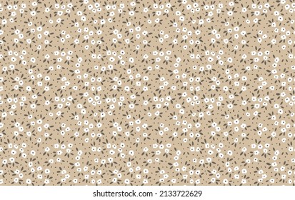 Floral pattern. Pretty flowers on light brown background. Printing with small white flowers. Ditsy print. Seamless vector texture. Spring bouquet. Stock vector.