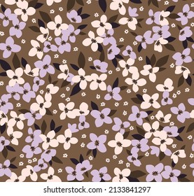 Floral pattern. Pretty flowers on brown background. Printing with small white and lilac flowers. Ditsy print. Seamless vector texture. Spring bouquet. Stock vector.