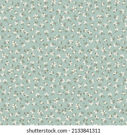 Floral pattern. Pretty flowers on gray blue background. Printing with small white flowers. Ditsy print. Seamless vector texture. Spring bouquet. Stock vector.