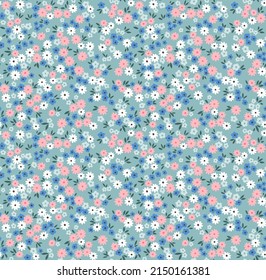 Floral pattern. Pretty flowers on light blue background. Printing with small white, blue and light pink flowers. Ditsy print. Seamless vector texture. Spring bouquet. Stock vector.
