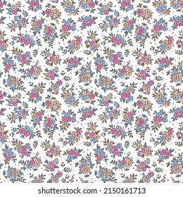 Floral pattern. Pretty flowers on white background. Printing with small pale colorful flowers. Ditsy print. Seamless vector texture. Spring bouquet. Stock vector.
