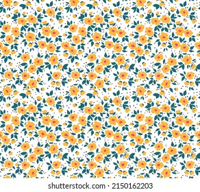 Floral pattern. Pretty flowers on white background. Printing with small yellow and bright pink flowers. Ditsy print. Seamless vector texture. Spring bouquet. Stock vector.