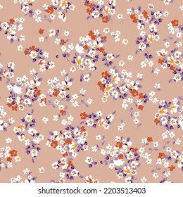 Floral pattern. Pretty flowers on color background. Printing with small white flowers. Ditsy print. Seamless vector texture. Spring bouquet.