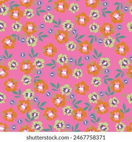 Floral pattern. Pretty flowers on color background. Printing with small white flowers. Ditsy print. Seamless vector texture.