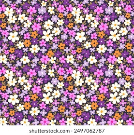 Floral pattern. Pretty flowers on dark violet background. Printing with small orange, white, pink and lilac flowers. Ditsy print. Seamless vector texture. Spring bouquet.