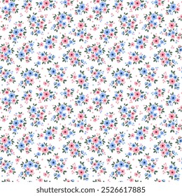Padrão floral. Flores bonitas sobre fundo branco. Impressão com pequenas flores rosa e azul. Impressão de Ditsy. Textura de vetor uniforme. Buquê de primavera.
