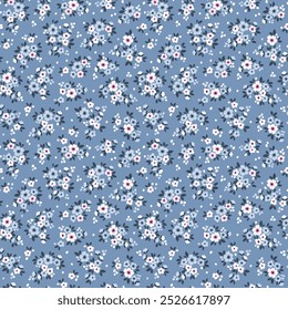 Patrón floral. Bonitas flores sobre fondo azul pálido. Impresión con Pequeñas flores blancas. Impresión sucia. Textura de Vector sin costuras. Ramo de primavera.