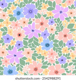 Floral pattern. Pretty flowers on white background. Printing with small pink, lilac and blue light pastel color flowers. Ditsy print. Seamless vector texture. Spring gentle bouquet.