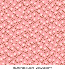 Floral pattern. Pretty flowers on rose pink background. Printing with small white flowers. Ditsy print. Seamless vector texture. Spring bouquet.