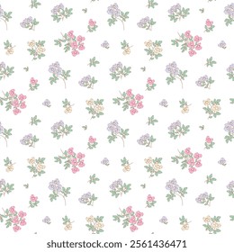 Floral pattern. Pretty flowers on white background. Small flower, ditsy print, ditsy style. Botanic surface design.Sweet floral seamless pattern for fashion, wrapping, printing on fabrics and surface.