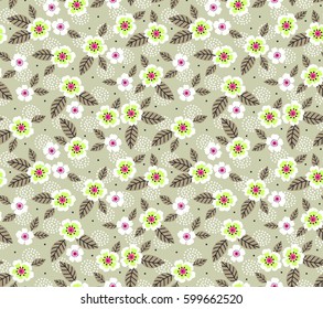 Floral pattern. Pretty flowers on green background. Printing with Small-scale white flowers. Ditsy style print. Seamless vector texture. Spring bouquet.