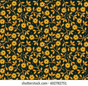 Floral pattern. Pretty flowers on dark blue background. Printing with Small-scale yellow flowers. Ditsy style print. Seamless vector texture. Spring bouquet