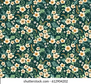 Floral pattern. Pretty flowers on dark green background. Printing with small-scale white flowers. Ditsy print. Seamless vector texture. Spring bouquet.