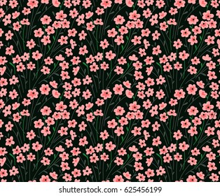 Floral pattern. Pretty flowers on black background. Printing with small pink flowers. Ditsy print. Seamless vector texture. Meadow wild flowers.