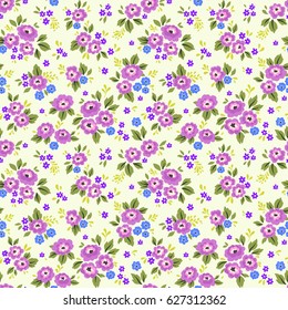 Floral pattern. Pretty flowers on white background. Printing with small light violet and lilac flowers. Ditsy print. Seamless vector texture. Spring bouquet.