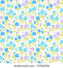 Floral pattern. Pretty flowers on white background. Printing with small blue and lilac flowers. Ditsy print. Seamless vector texture. Spring bouquet.
