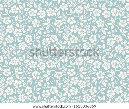 Floral pattern. Pretty flowers on gray blue background. Printing with small white flowers. Ditsy print. Seamless vector texture. Spring bouquet.