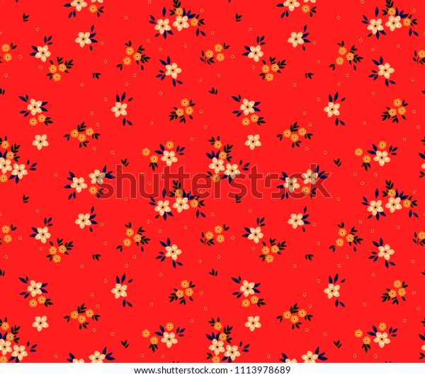 花柄 赤い背景にきれいな花 小さな白い花で印刷 Ditsyプリント シームレスなベクター画像テクスチャー 春のブーケ のベクター画像素材 ロイヤリティフリー