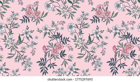 Floral pattern. Pretty flowers onlight pink background. Printing with small white and pink flowers. Ditsy print. Seamless vector texture. Spring bouquet.