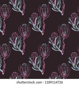Floral pattern with protea branch. Seamless background for fabric design. Cute and beautiful watercolor vector illustration on black backdrop.
