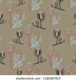 Floral pattern with protea branches. Seamless background for fabric design. Cute and beautiful soft colored vector illustration on brown backdrop.