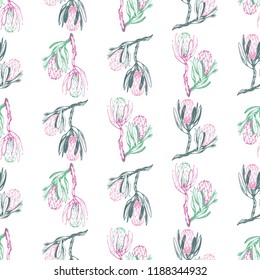 Floral pattern with protea branches. Seamless background for fabric design. Cute and beautiful soft colored vector illustration on white backdrop.