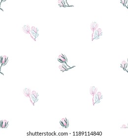 Floral pattern with protea branches. Seamless background for fabric design. Cute and beautiful soft colored vector illustration on white backdrop.