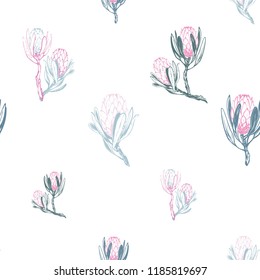 Floral pattern with protea flowers and branches. Seamless background for fabric design. Cute and beautiful soft colored watercolor vector illustration on white backdrop.