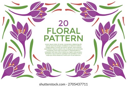 Floral pattern with purple crocus flowers and green leaves arranged symmetrically on a white background, creating a decorative border.