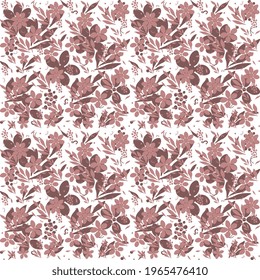 Floral pattern with purple flowers and leaves, light and dark colors mixed on a white background, artistic. Vector illustration, seamless.