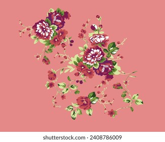 patrón floral con rosas moradas y anaranjadas sobre fondo bebe rosado. Ilustración del vector