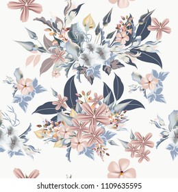 Floral pattern with realistic blue, pink flowers, leafs and field plants