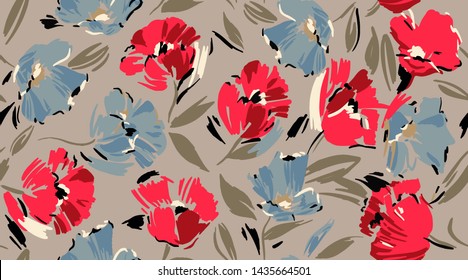 Floral pattern. Red background. Hand drawn vector illustration