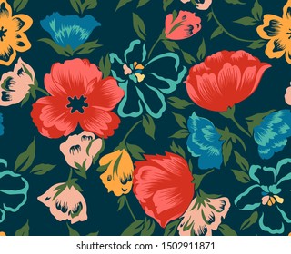 Floral pattern. Red and blue flowers background. Hand drawn vector illustration