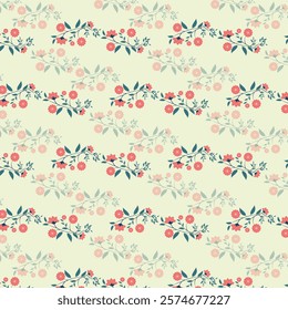 Floral Pattern of Red Flowers and Green Leaves on Yellow Background