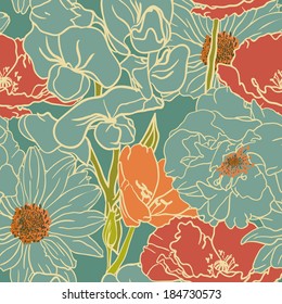  Floral  pattern With Red  Flowers On Monochrome Background RETRO