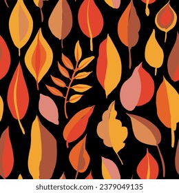 Floral Pattern from Red, Orange, Yellow Color Autumn Leaves on Black Background, Wallpaper Design for Printing on Fashion Textile, Fabric, Wrapping Paper, Packaging and other