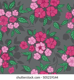 Floral pattern with red, pink flower and green leaf on grey background. Beautiful seamless, vector illustration