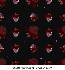 Un patrón floral en tonos rojos y rosados sobre un fondo oscuro, dispuesto en un diseño repetitivo. Da una sensación lujosa, misteriosa y romántica.