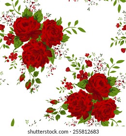 Floral pattern with red roses on white background. Vector illustration.