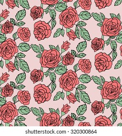 Floral pattern with red roses on pink background. Seamless vector texture for print, spring summer fashion, textile design, fabric, home decor, flower shop website, wallpaper, label