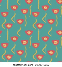 Blumenmuster mit roten Tulpen auf grünem Hintergrund. Nahtloser Ditsy-Druck. Für Textilien, Druck, Cover, Packung, Scrapbooking.