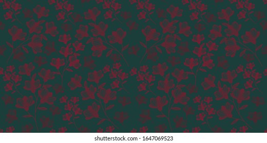 estampado floral de ramas rojas con flores y hojas sobre fondo verde, ilustración vectorial, para el diseño de papel textil de papel.
