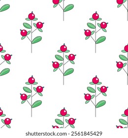 Floral pattern with red wild berries on a branch